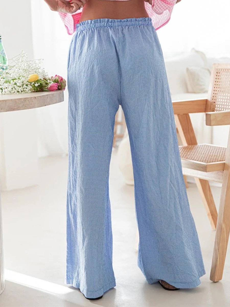 Womens Plaid Lounge Pants Elastic Waistband Drawstring Pajama Pants Side Pockets Wide Leg Casual Trousers Sleepwear