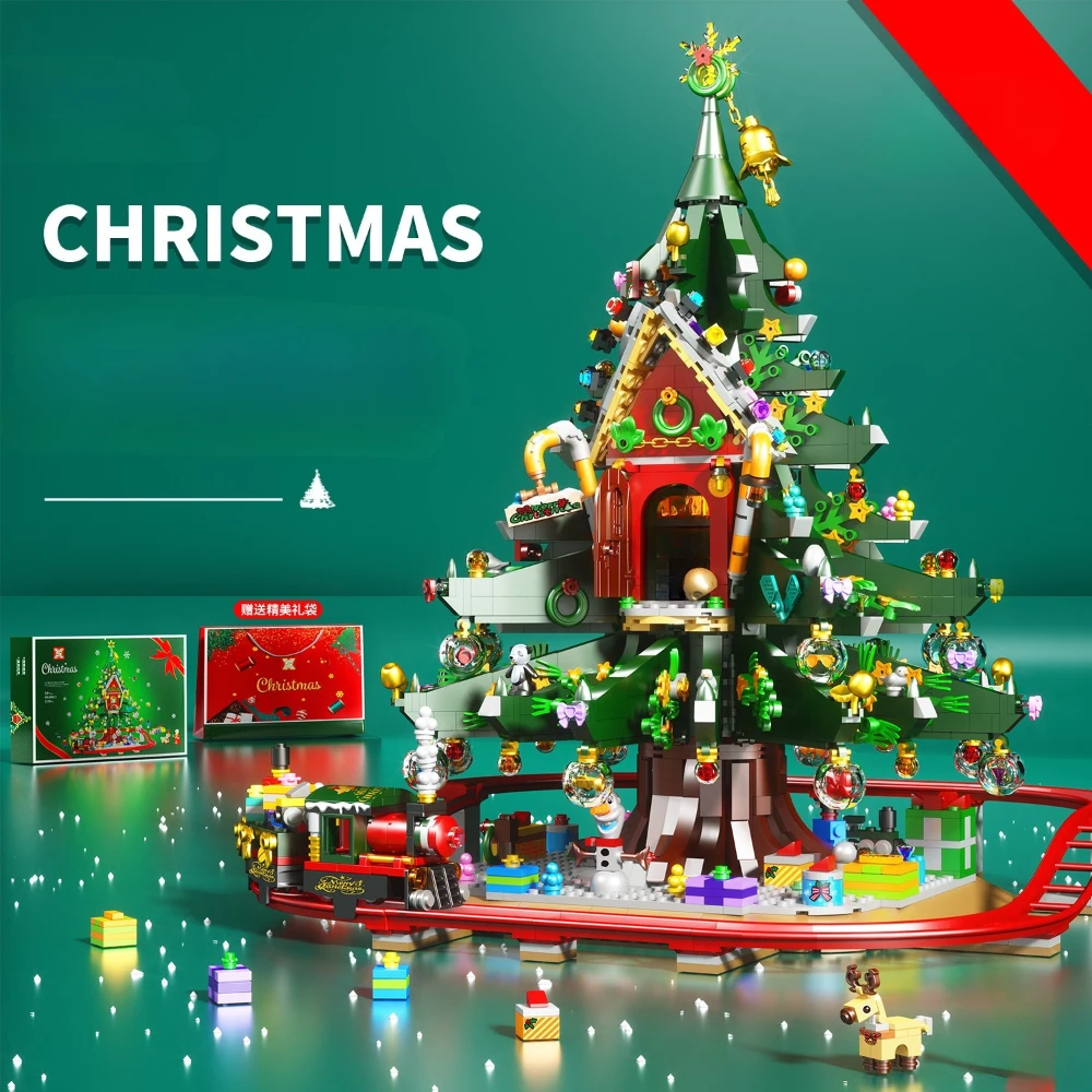 MOC Festival Christmas Tree House With Railway Wrack Building Blocks Set Winter Santa Claus Hut Toys For Childrren Holiday Gifts