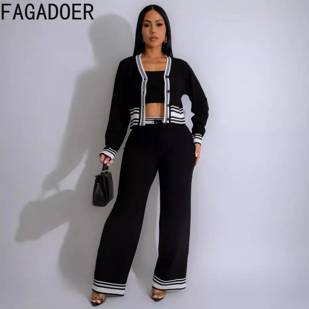 FAGADOER Elegant Knitt 3 Piece Sets Outfit Women Long Sleeve Stripe Patchwork Sweater Cardigan + Tube Top + Wide Leg Pants Suits