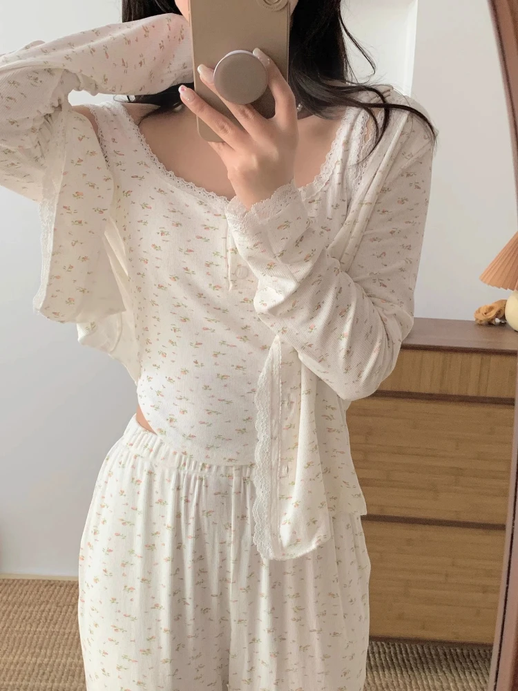 

Sweet Floral Lace Sleepwear Women's Long Sleeve Three-Piece Set Home Clothes Outerwear Comfortable Soft Polyester Spring Autumn