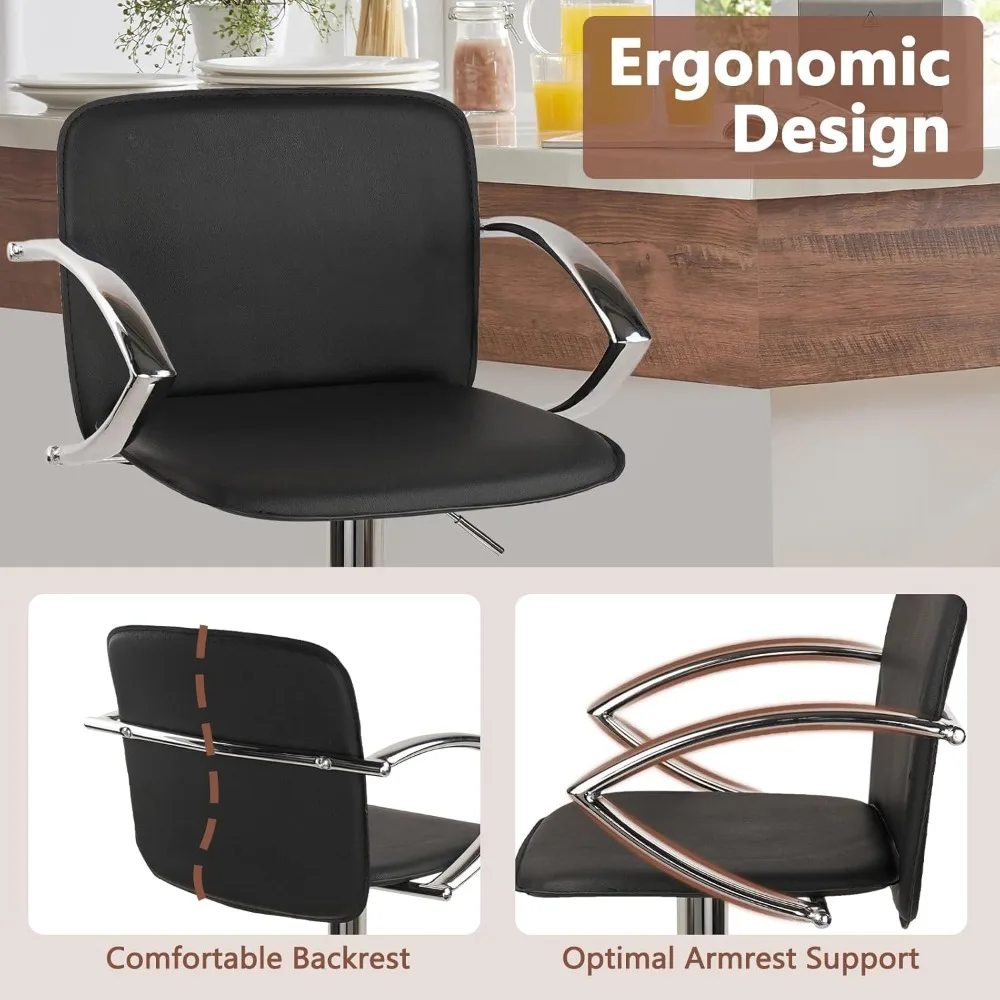 Taburete de bar Juego de 2 taburetes de mostrador de altura ajustable Sillas de bar con reposabrazos, respaldo ergonómico y reposapiés, giratorio de 360 grados
