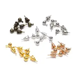 50Pcs/lot 3-5mm Gold Rhodium Earring Studs Ball Post Earrings With Bullet Back Stopper Connector For DIY Jewelry Making Supplies