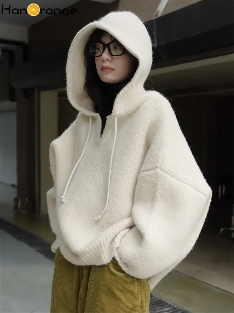 

HanOrange 2024 Autumn Winter Slouchy Velvet Hooded V-Neck Sweater Women Loose Silhouette Soft Knitted Top Beige White/Pickled