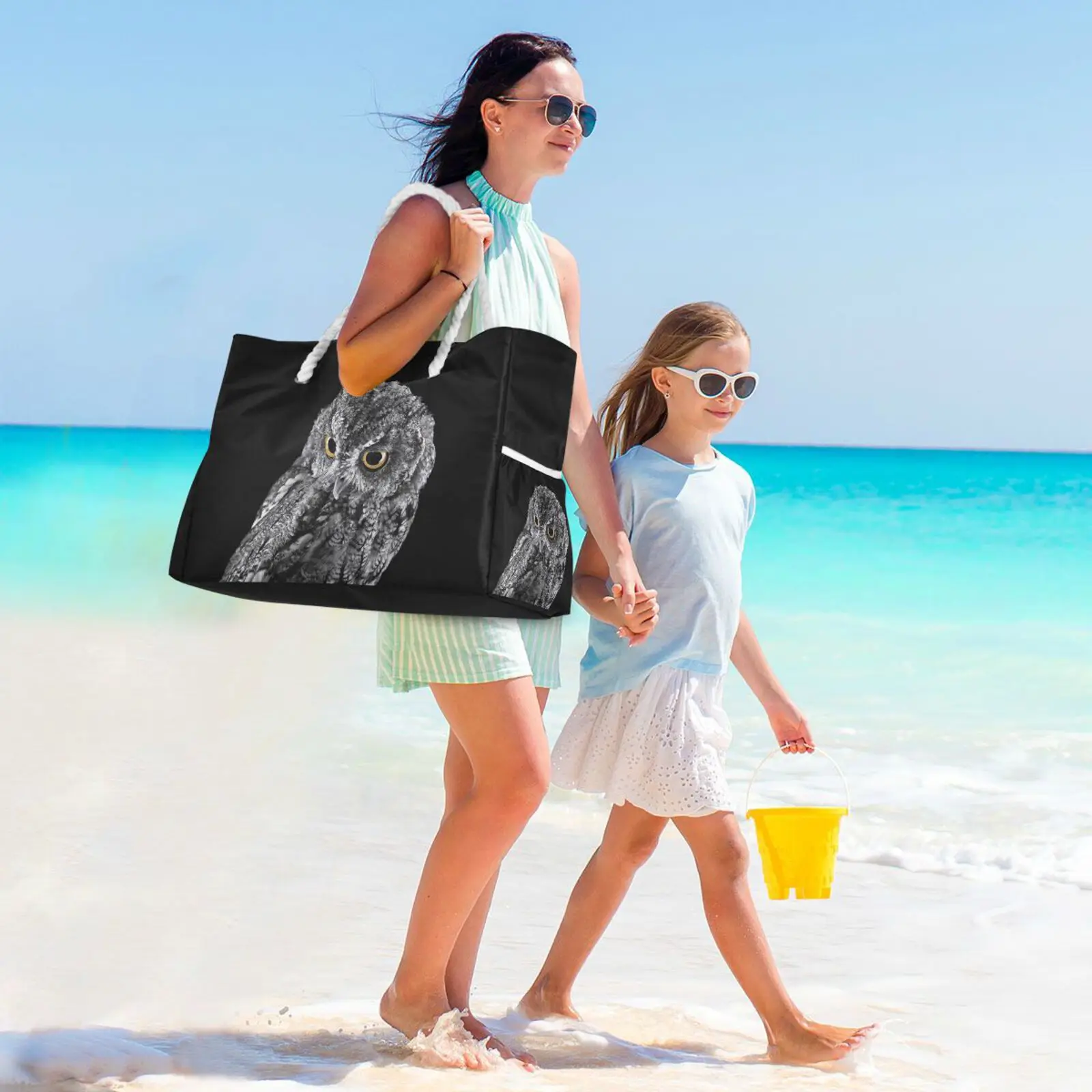 Borse da spiaggia in Nylon per donna borsa da donna in stile oceano con stampa gufo di grande capacità nera portatile 2024 nuova Dropship