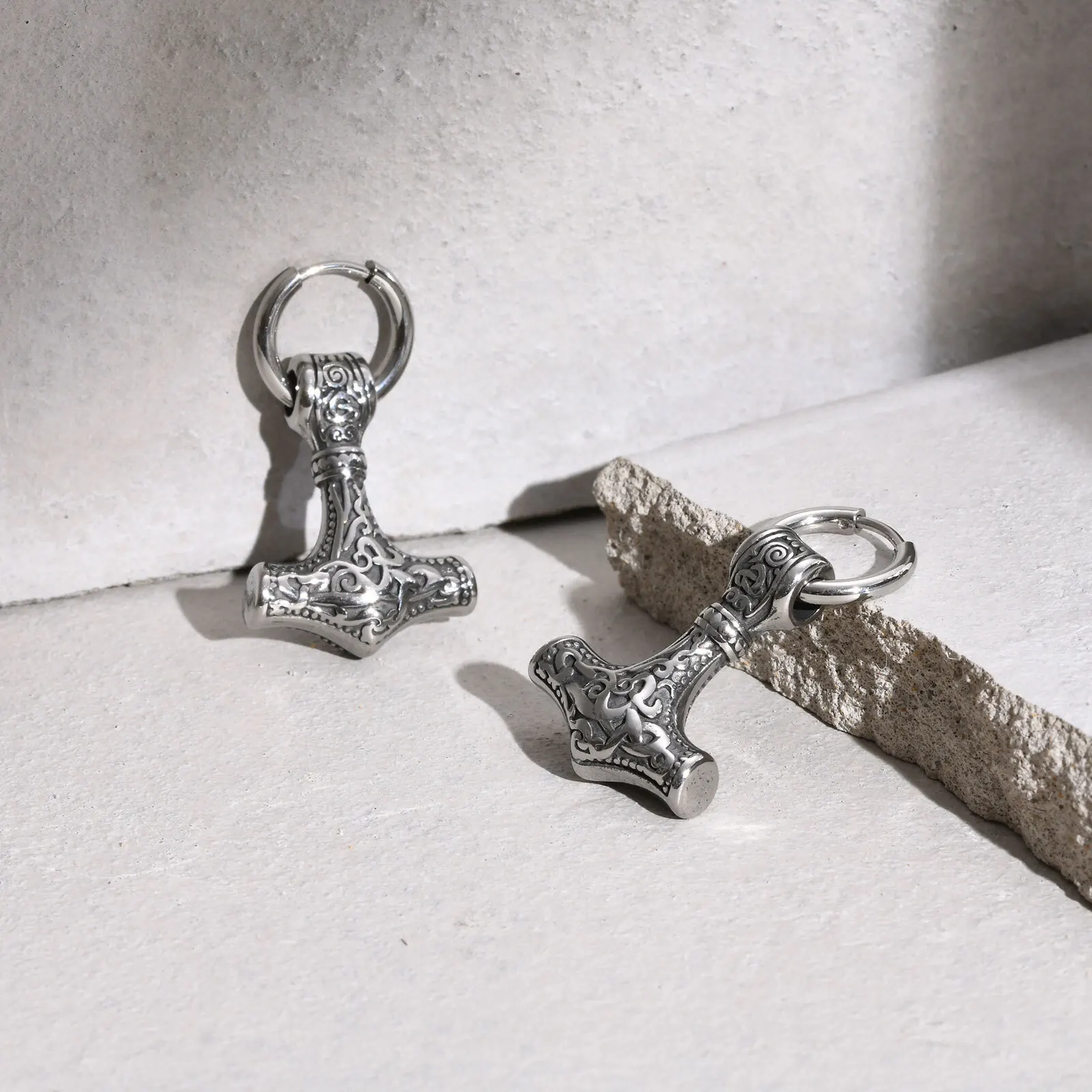 Vnox Heavy Viking Thor\'s Hammer Earrings for Men, Chunky Stainless Steel Punk Rock Earrings Jewelry Gift