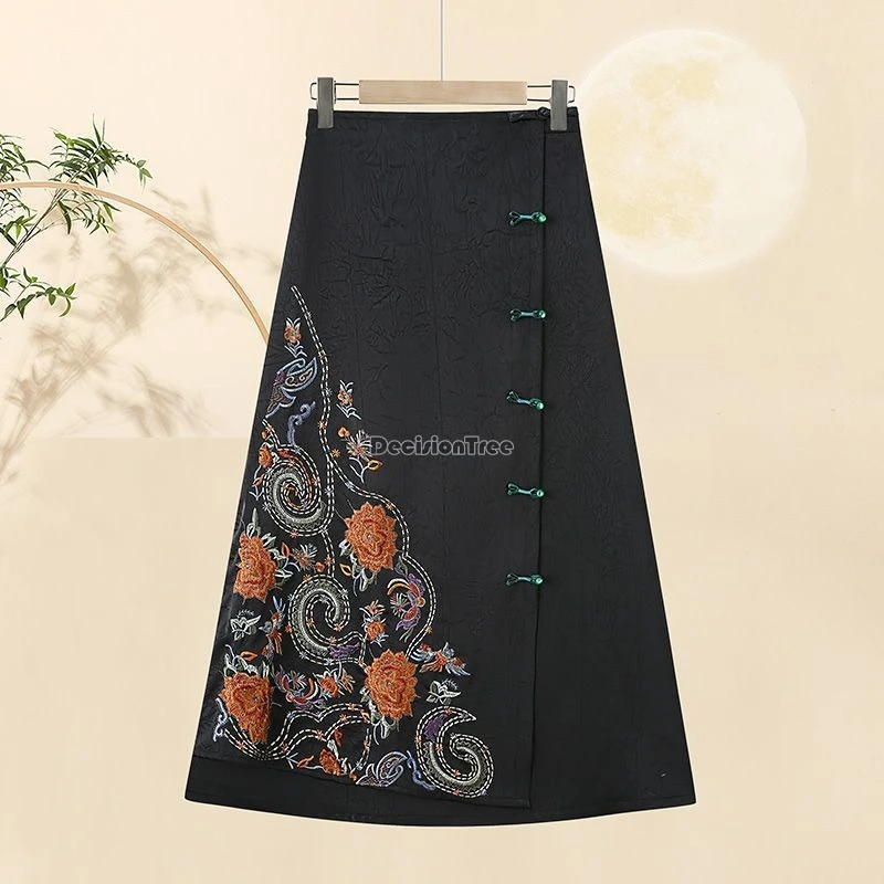 

2025 new chinese national style embroidered traditional embroidery half skirt retro elastic waist satin jacquard long half skirt