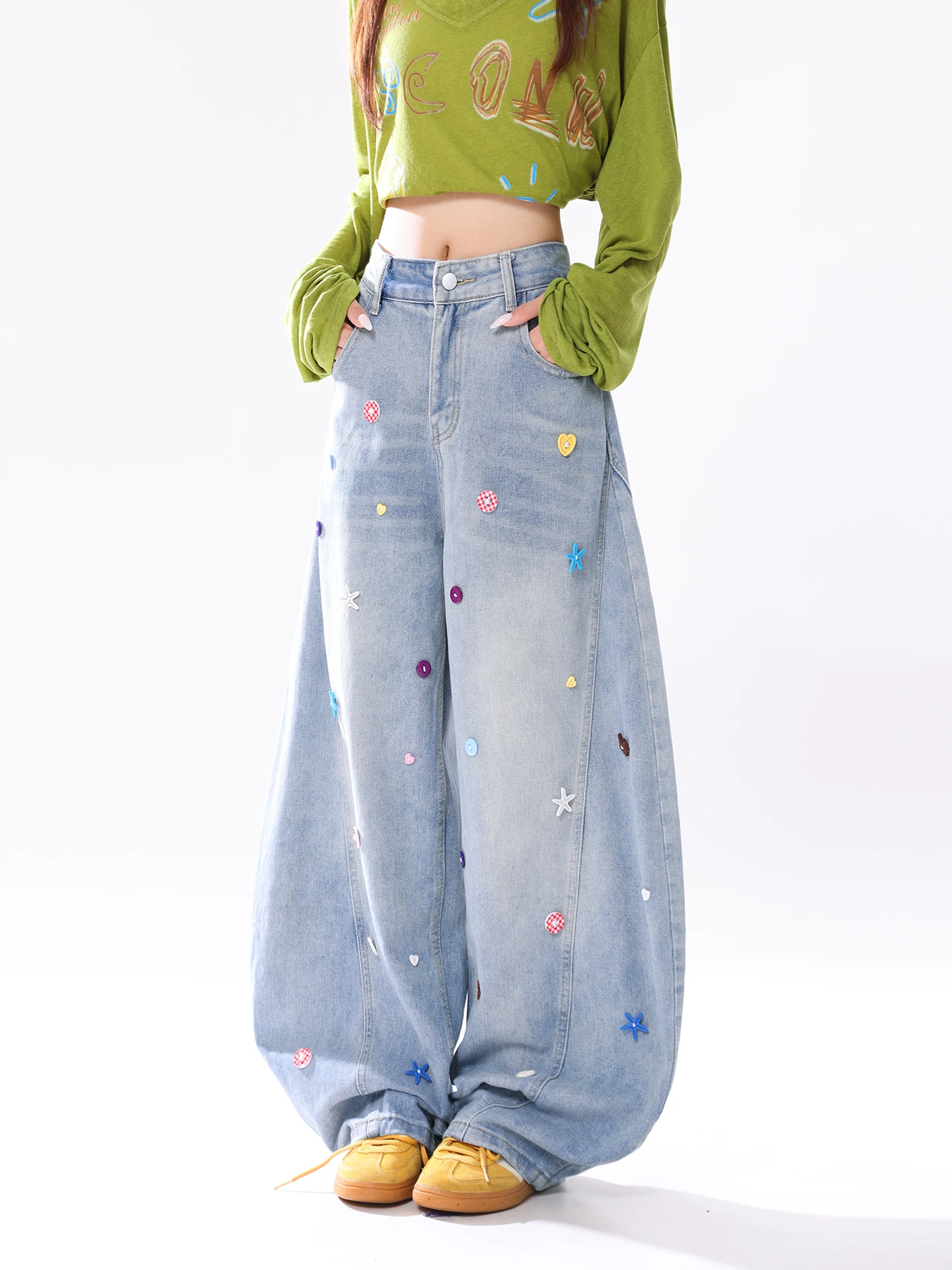 

Dopamine Color Button Decoration Jeans Loose Wide Leg Pants Men Women Spring Summer Design Sense Cotton Natural Waist Jeans