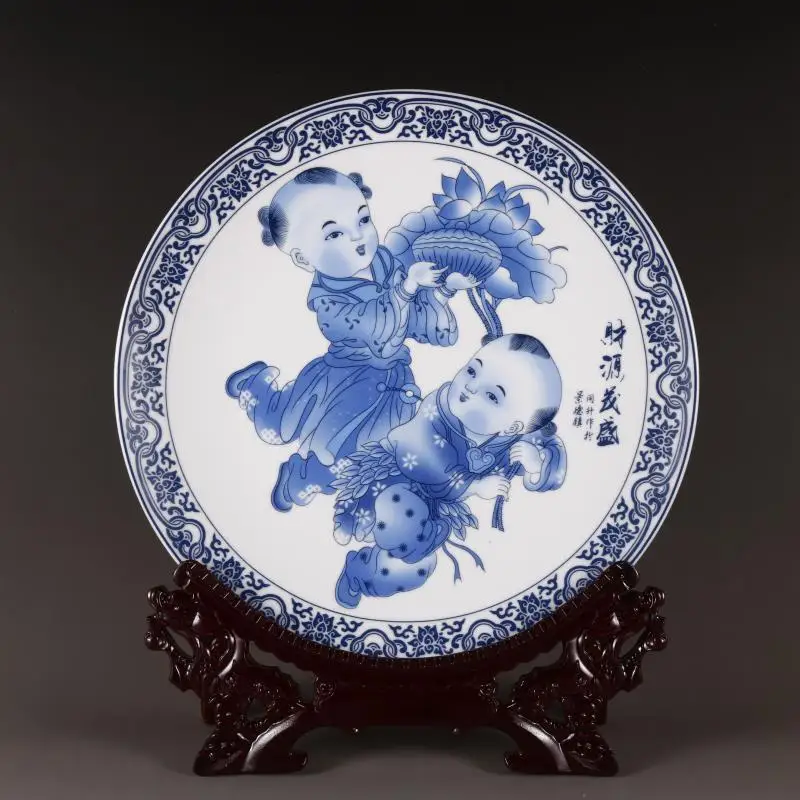 

Qing Qianlong Children's Birthday Blue and White Flower Decorative Plate Wall-Plate Hanging Dish in Chinese Antique Style Blue a