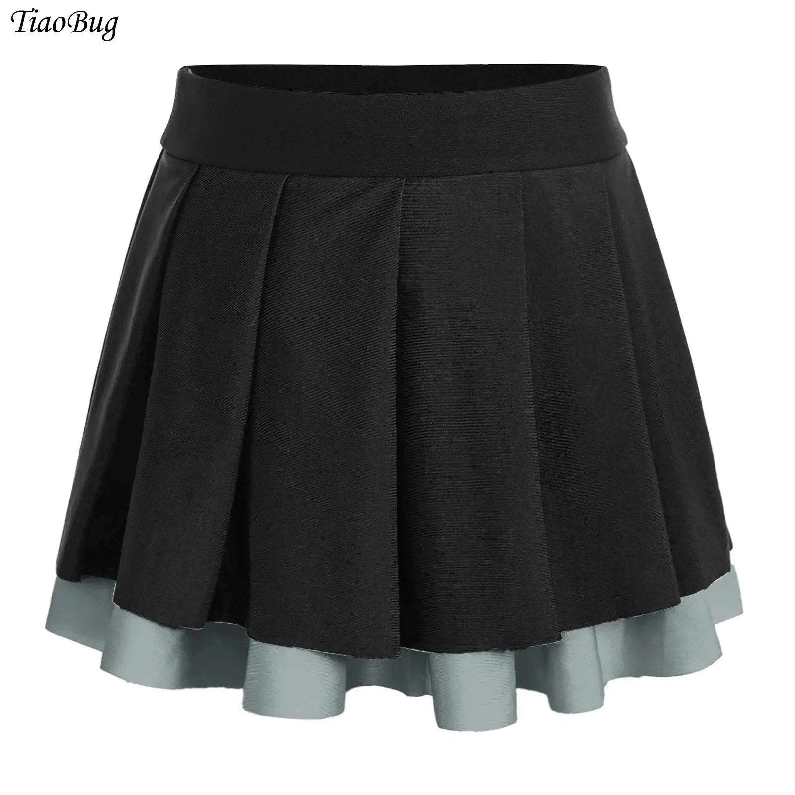 

Kids Girls Cheerleading Dance Skirts Tennis Students Performance Dress Contrast Color Elastic Waistband Two Layers Pleated Skirt