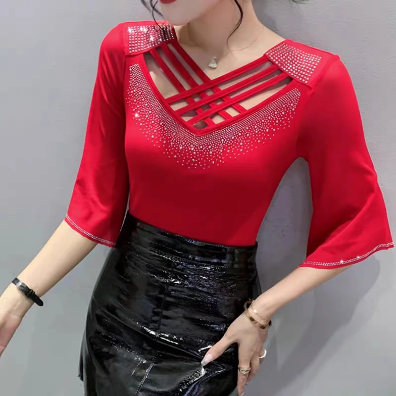 2024 Summer New Women Mesh Tees top Fashion Sexy Cross Hollow Out Hot Diamond 3/4 Sleeved Bottoming Shirt Elasticity t-Shirt