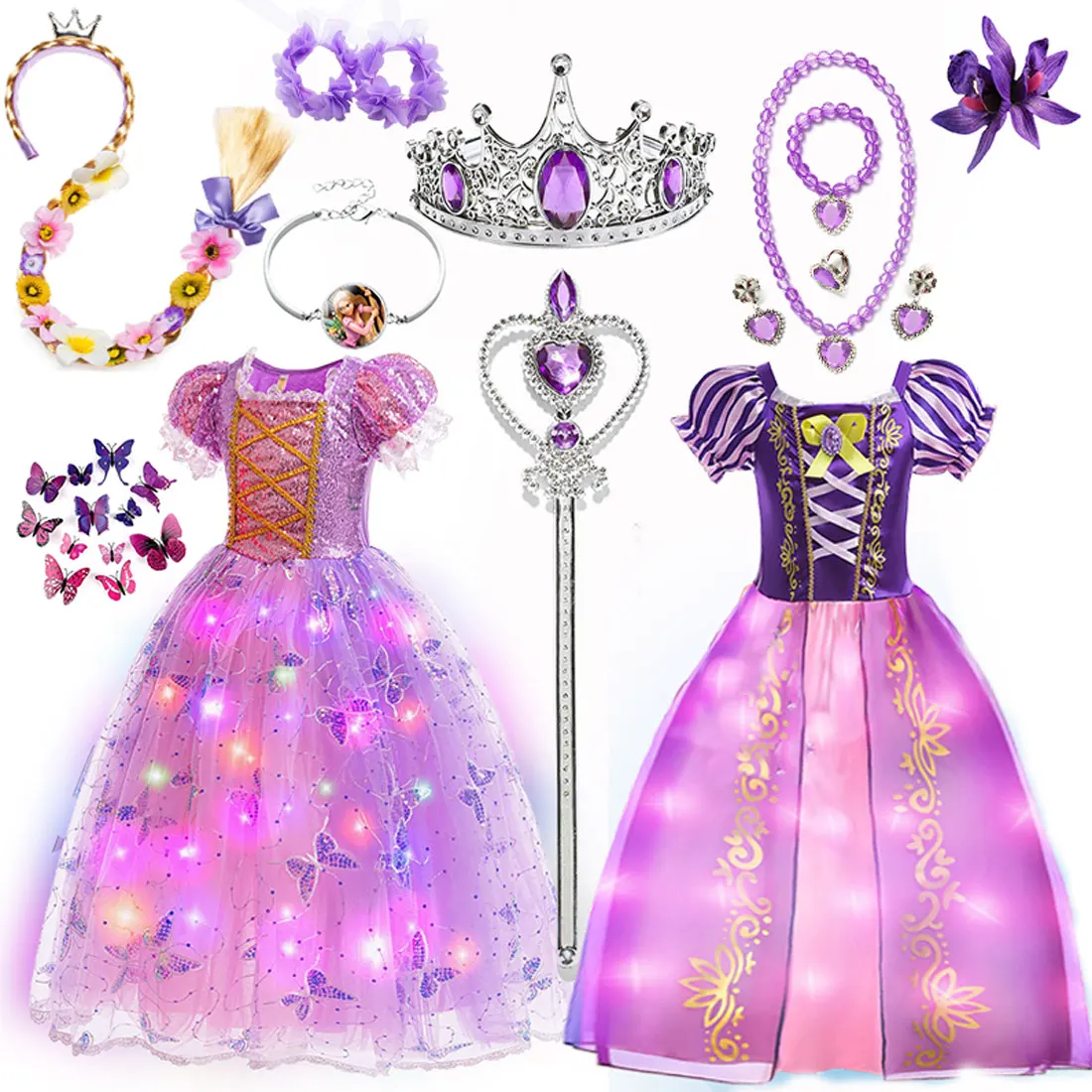 Disney Halloween Carnival Fairy Rapunzel Tale Gown Purple Short Sleeves Dress With Sequined Bodice Tangled Movie Cosplay Costume