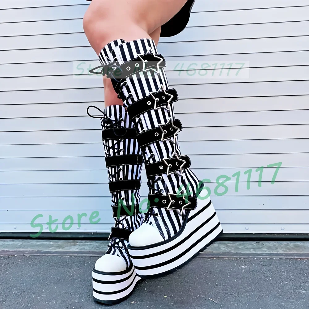 Black Striped Platform Canvas Boots for Women