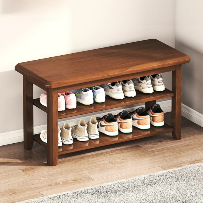 Thick solid wood shoe changing stool, double-layer solid wood shoe rack, entrance shoe wearing stool, retro style leisure bench