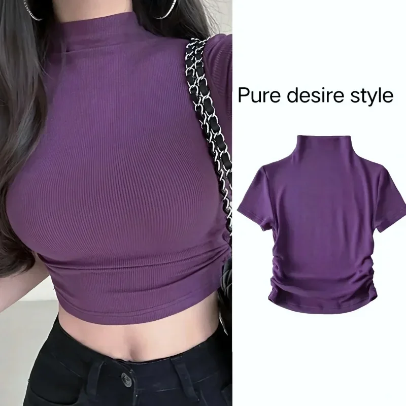 

Vintage Small High Neck T-shirt Japanese Korean Purple High Elastic Short Top Slim Fit Sexy Short Sleeve Casual Underlay T-shirt