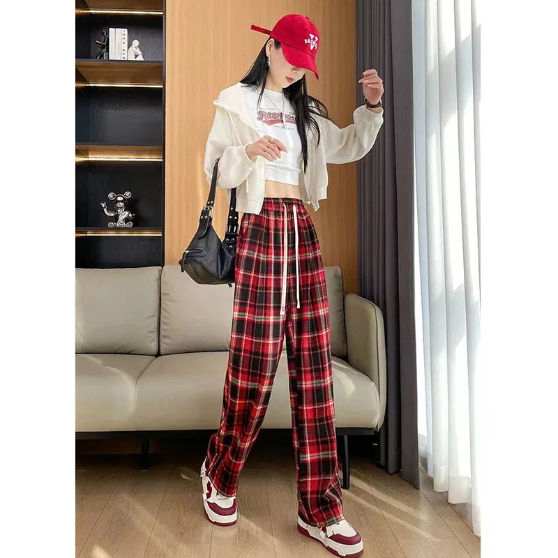 Spring Summer New Popular Plaid Ladies Comfortable Pants Thin High Waist Joker Loose Slim Straight Slim Women's Fashion Pants