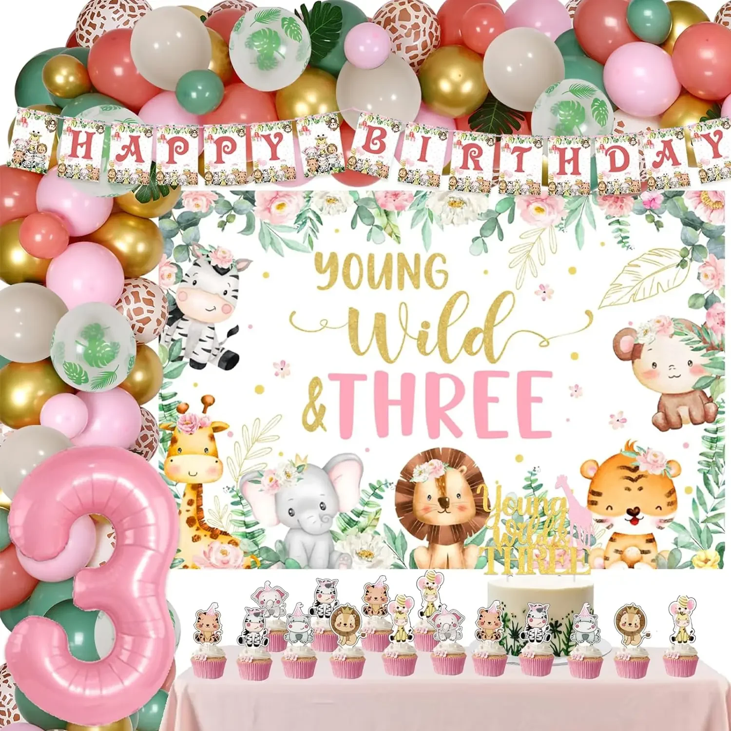 

Jungle Theme 1st 2nd 3rd Birthday Decor Balloon Garland Kit with Wild One Backdrop Cake Topper Safari Birthday Party Supplies