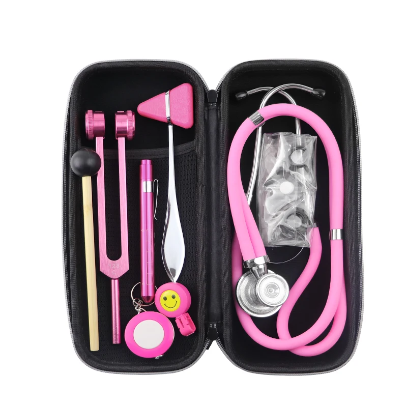 

Полный набор для мониторинга здоровья: комплект для хранения и медицинский стетоскоп, камертон, рефлекторный молоток, LED-фонарик, инструмент D2