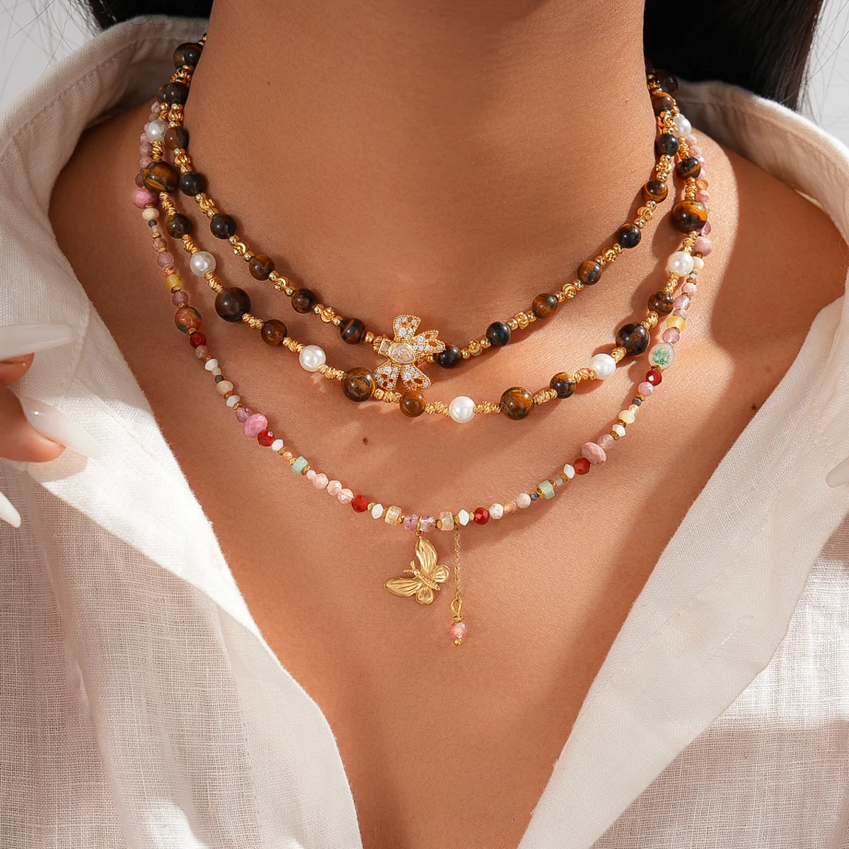 

Retro Tiger Eye Stone Simulated Pearls Beads Necklace for Women Titanium Steel Collarbone Chain Necklaces Accessories Gifts