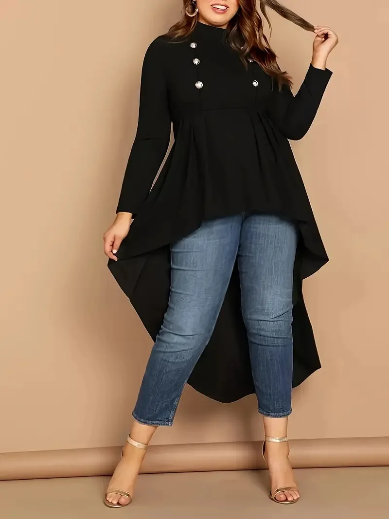 GIBSIE Plus Size Black Mock Neck Button Front Bluzki Damskie 2024 Jesień Nowa Moda Długi Rękaw Asymetryczne Wysokie Niskie Topy