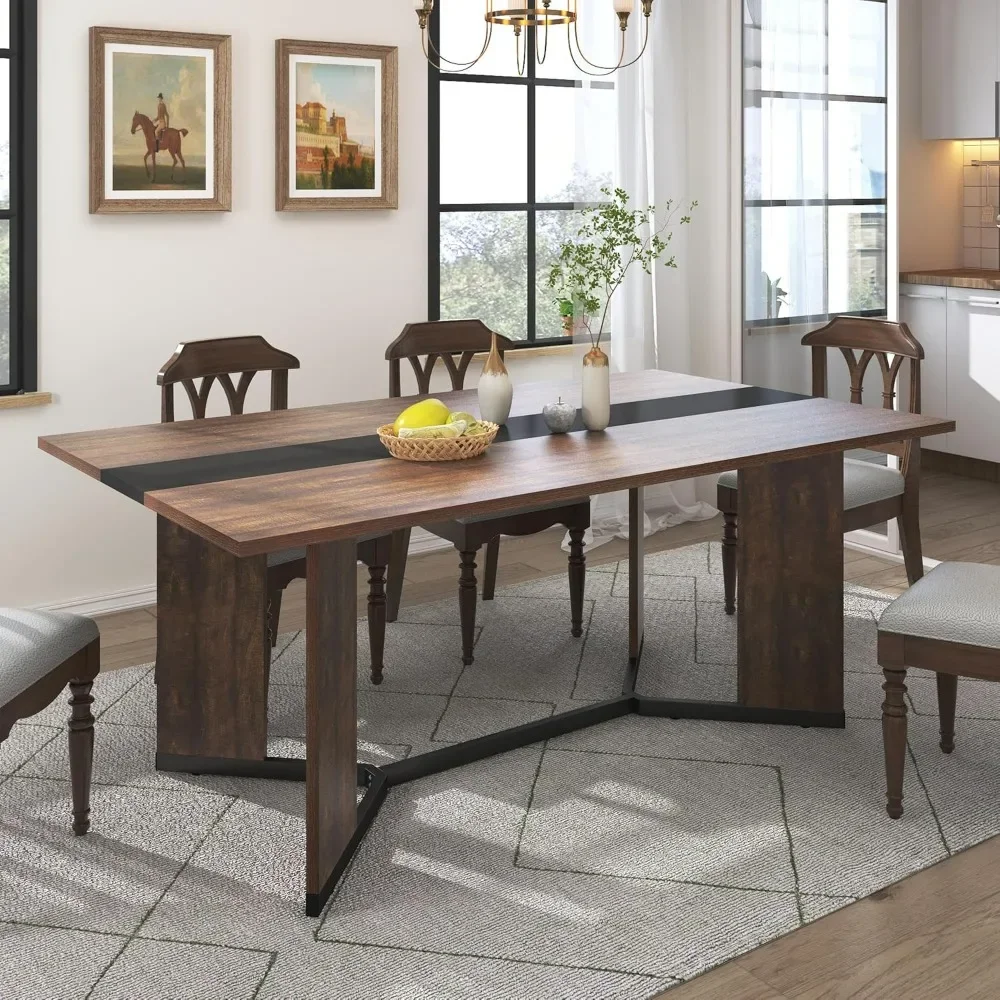 A large rectangular dining table that can accommodate 4-8 people, with a waterproof brown tabletop and adjustable legs.