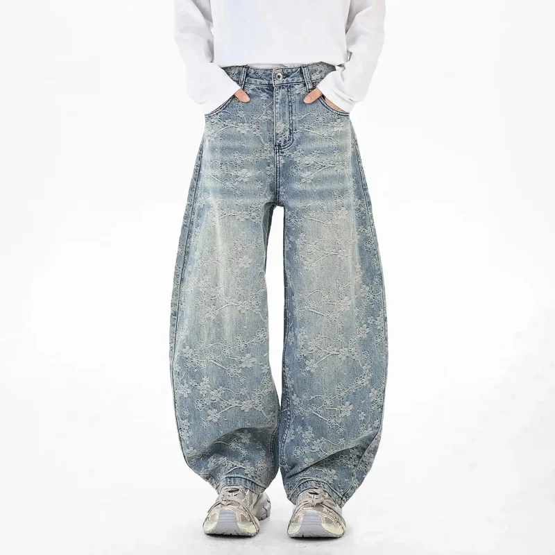 

2026 Summer Floral Pattern Jacquard Denim Jeans Men's American Fashion Y2K Trend Vintage Loose Wide Leg Curved Pants Streetwear