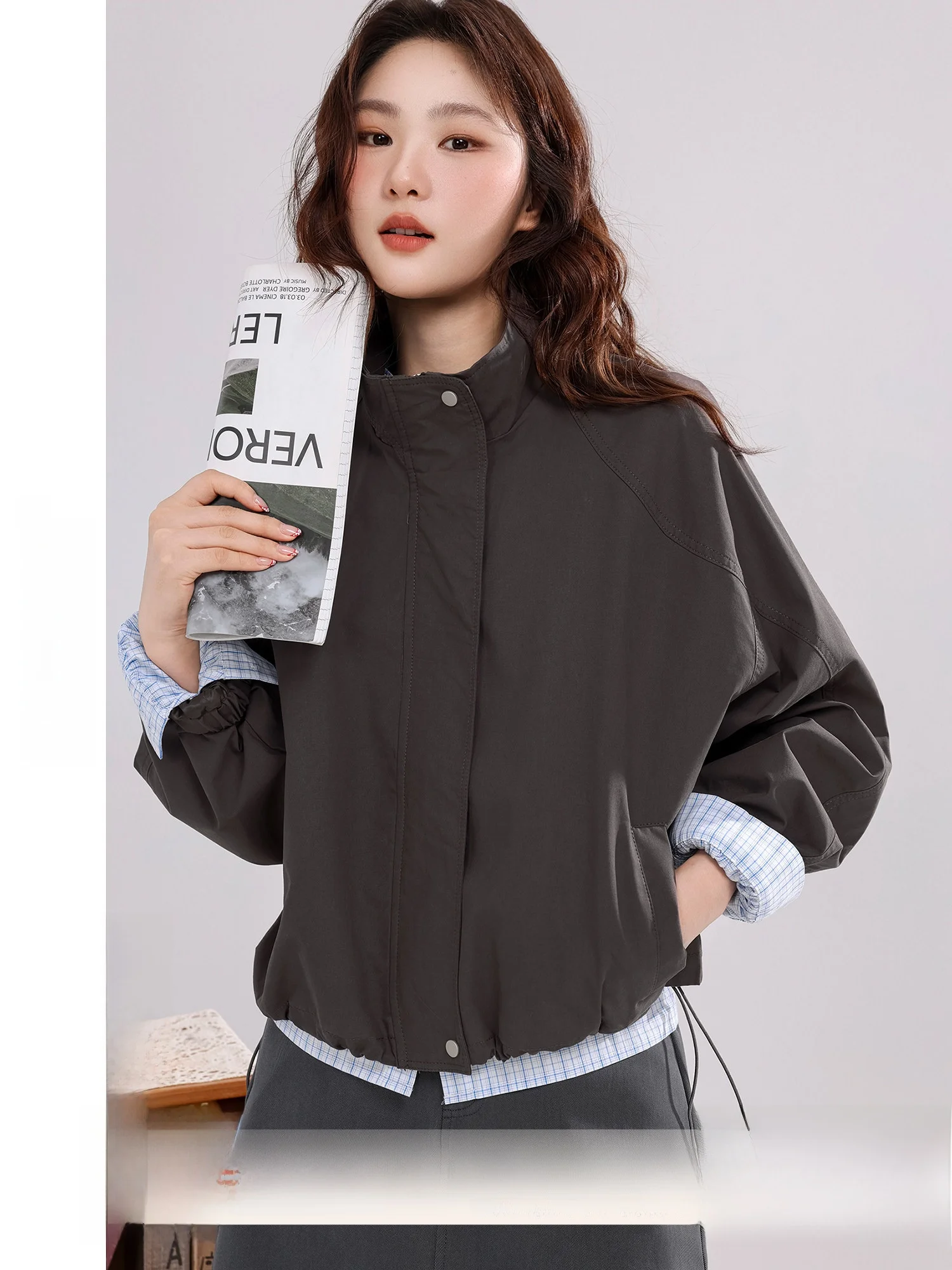 

Autumn New Sle Casual Retro Women's Jaet Stand Collar Sve Patchwork Versatile Top Cotton Polyester Blend Long Zipper