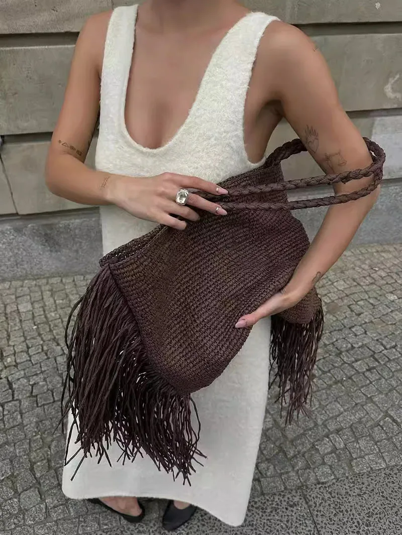 

Handmade Fringe Lady Handbags Summer Beach Large Tote Bag Big Shopper Purse for Vacation Casual Tassel Woven Women Shoulder Bag