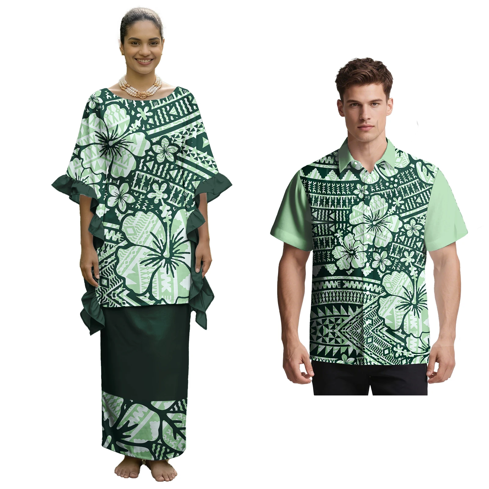 New Arrivals Samoan Polynesian Women Puletasi Men Turn-down Collar Shirts Hawaiian Flowers Custom Church Sweet Lovers Clothing
