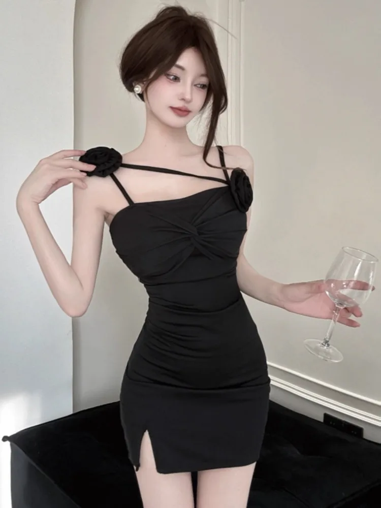 Kimotimo Sexy 3D Flower Spaghetti Strap Bodycon Dress Women Summer Birthday PartyTwist Design Wrapped Short Strapless Dresses