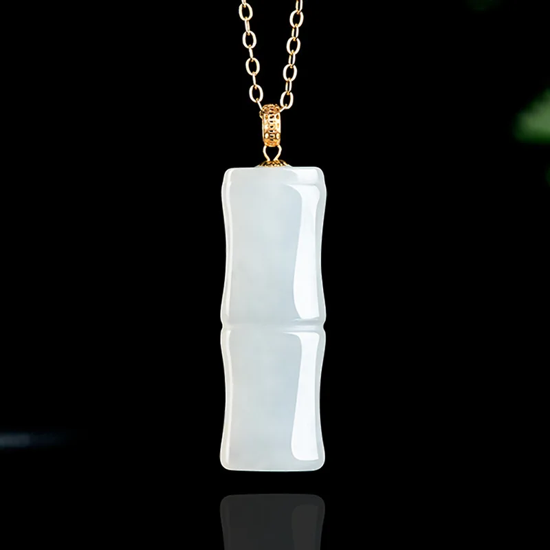 

Old Material Natural Hotan White Jade Bamboo Pendant Genuine 18K Gold Clasp Jadeite Necklace Men's Women's Jewelry Drop Shipping