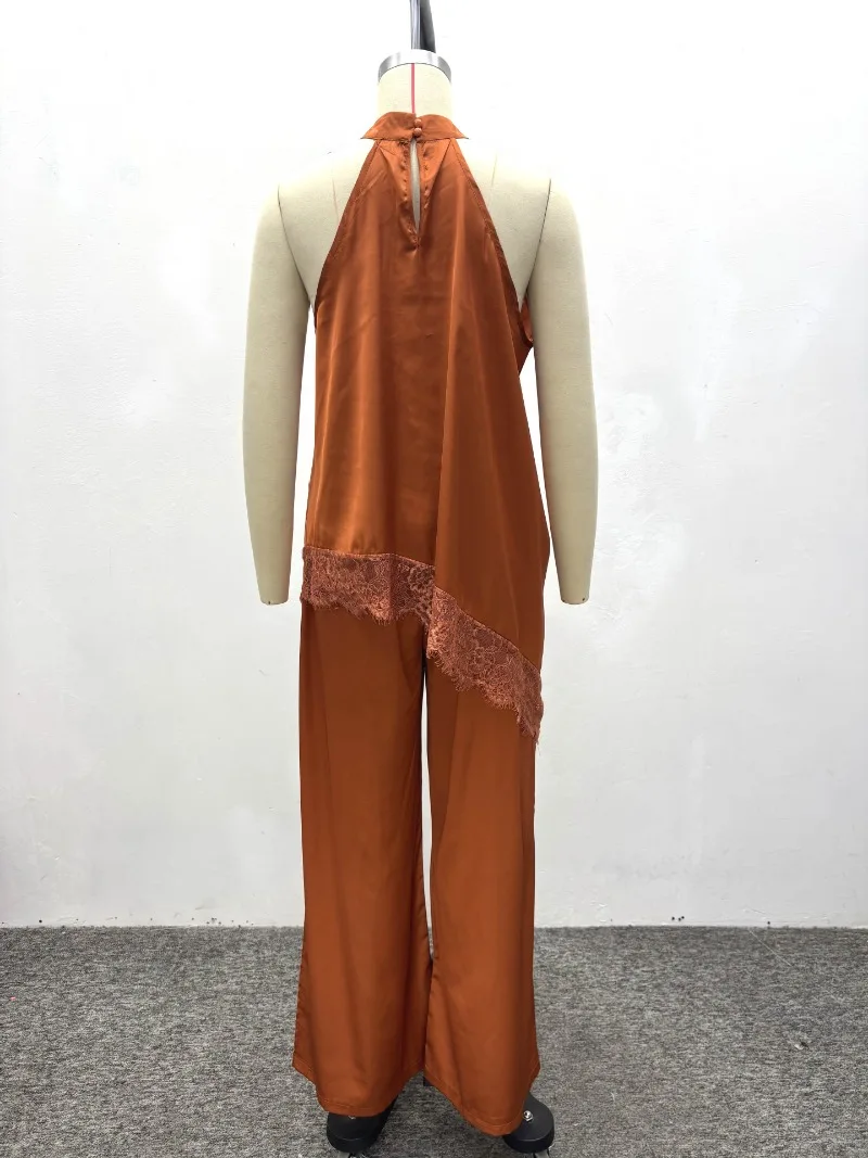 Afrikanisches Damen-Satin-Zweiteiler-Set: Elegantes, einfarbiges Party-Outfit mit Neckholder-Oberteil, asymmetrischer Spitze und weiter Hose – Detail 3