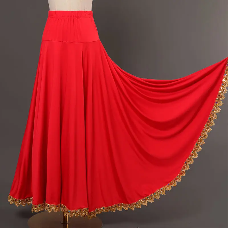 Women Spanish Flamenco Swing Skirt Gold borde Ballroom Dance Long Skirts High Waist Elastic Waistband Ruffle Performance Costume