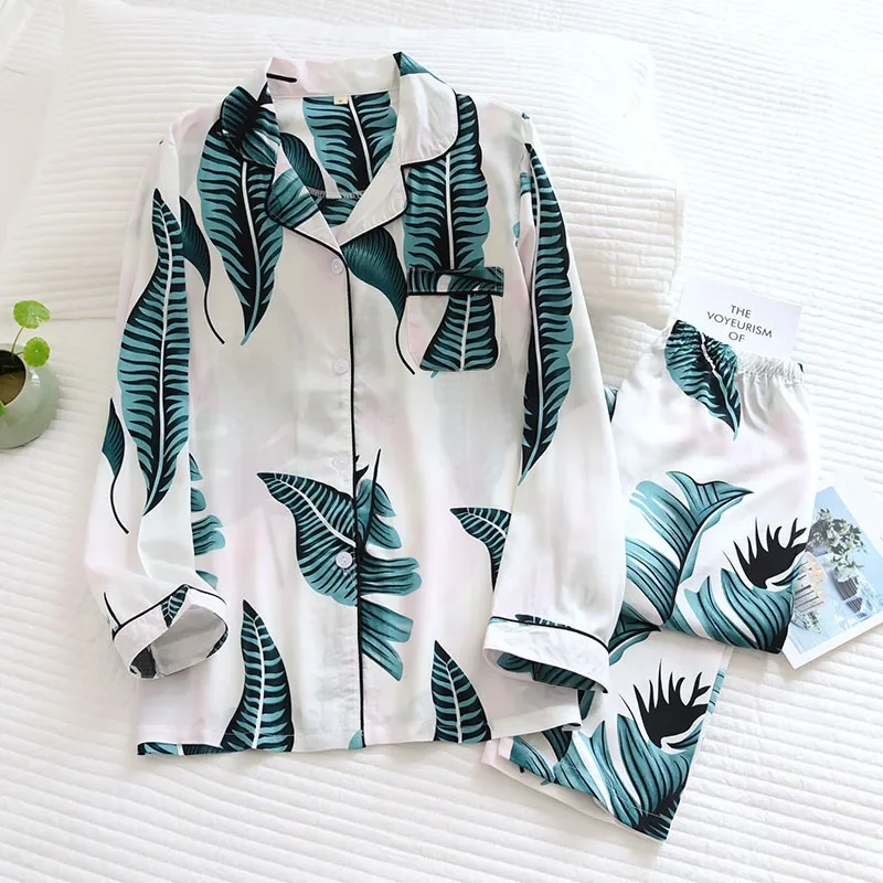 

Spring and summer ladies man-made cotton pajamas suit viscose fiber plus size home service soft long-sleeved geometric pattern