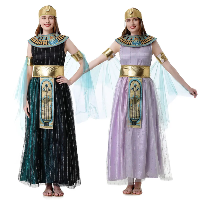 

Halloween Egyptian Greek Goddess Costume Set Queen Retro Middle Eastern African Ancient Dress with Headwear Neck Ring Cape Belt