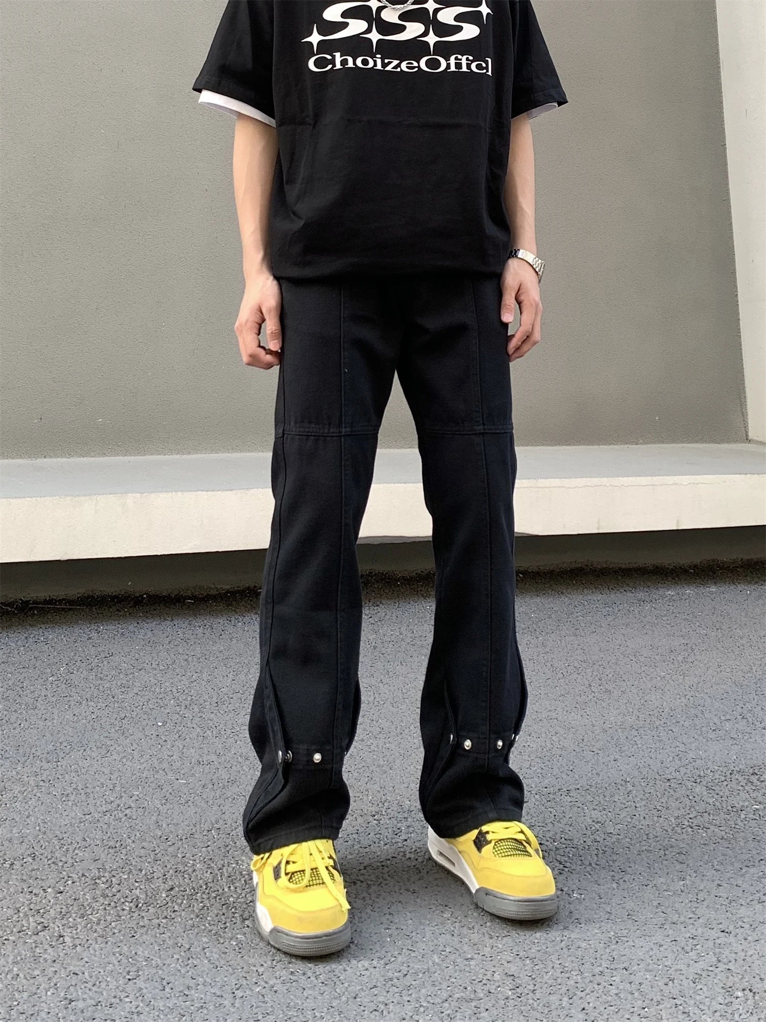

Bla American High Street Vibe Men's Jeans Buttoned Straight Leg Loose Flared Long Trousers Trendy Casual Wear for Teens