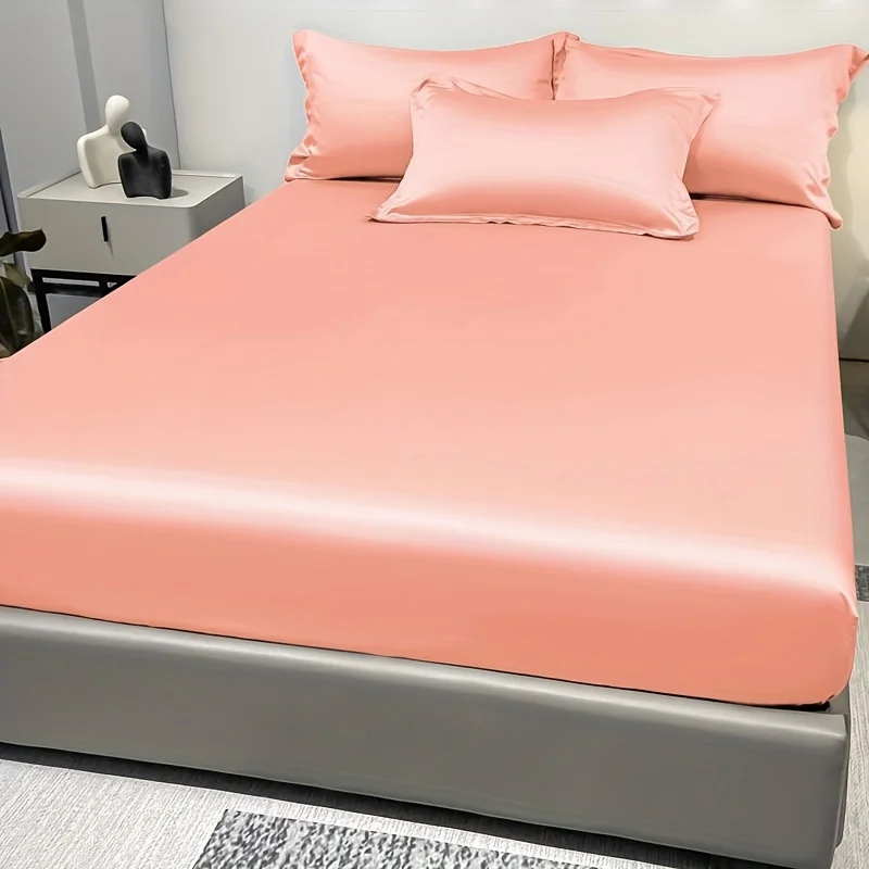 1 Simple Modern Satin Solid Color Fitted Sheet,Jade Color Ice Silk Bedspread For Bedroom,Bedding (Excluding Pillowcases)