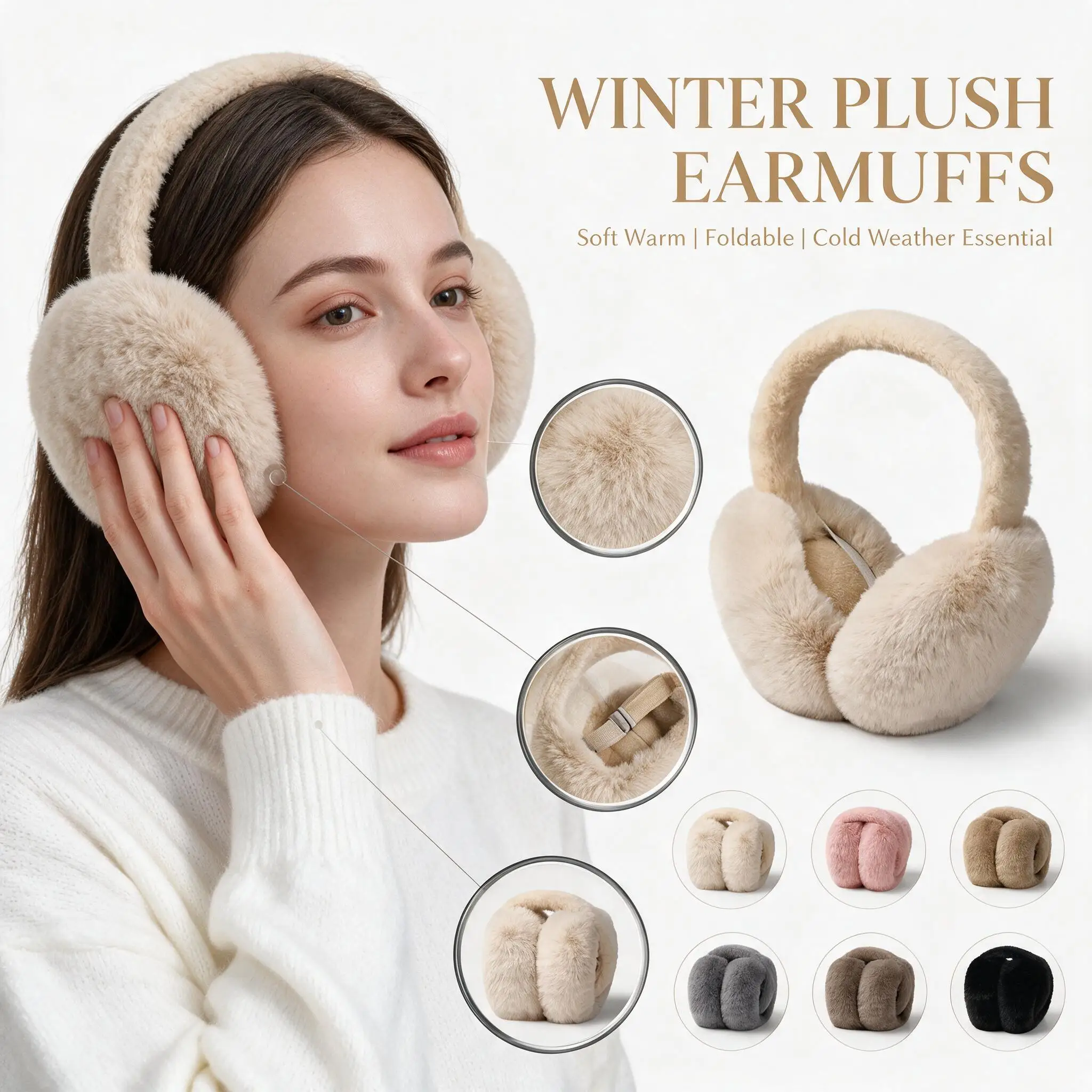 Foldable Faux Fur Winter Ear Muffs for Men Women Warm Soft Plush Adjustable Ear Warmers for Outdoor Cold Weather Skiing