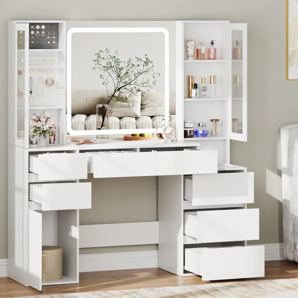 MakeupVanityDeskwith Mirror and Lights, White Makeup VanityTablewith 7 Drawers and 3 Cabinets, Makeup Desk with Charging Station