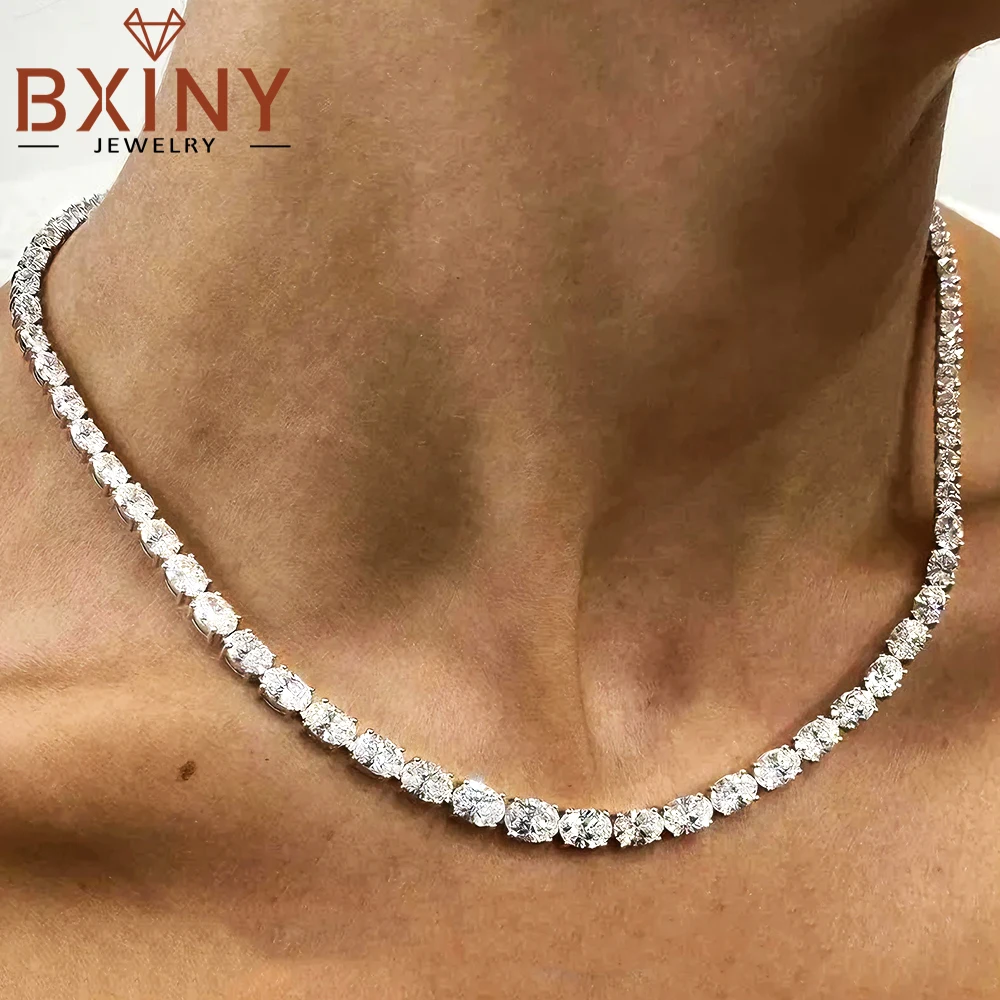 BXINY East West Oval Cut Moissanite Tennis Necklace S925 Silver 0.3-1.5CT Diamond Choker for Women Men Wedding Gift Fine Jewelry