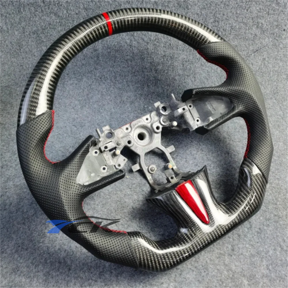 Volante personalizzato a strisce rosse in pelle nera in fibra di carbonio per accessori auto In-finiti Q50 2013 2014 2015 2016 2017