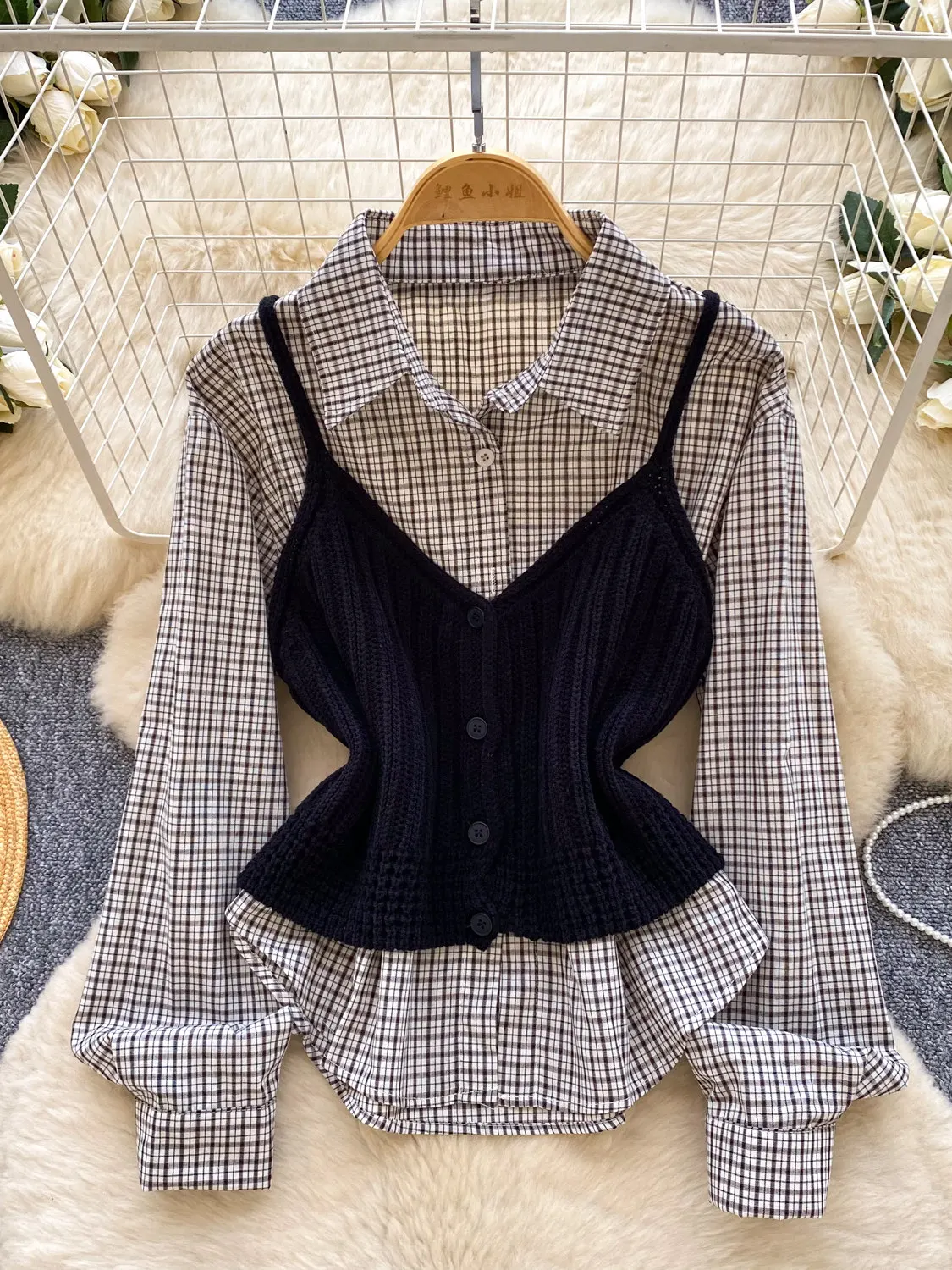 College Plaid Shirt Knitted Vest Two-piece Set Women's Spring and Autumn Casual Long Sleeve Plaid Shirts Suits - view 3