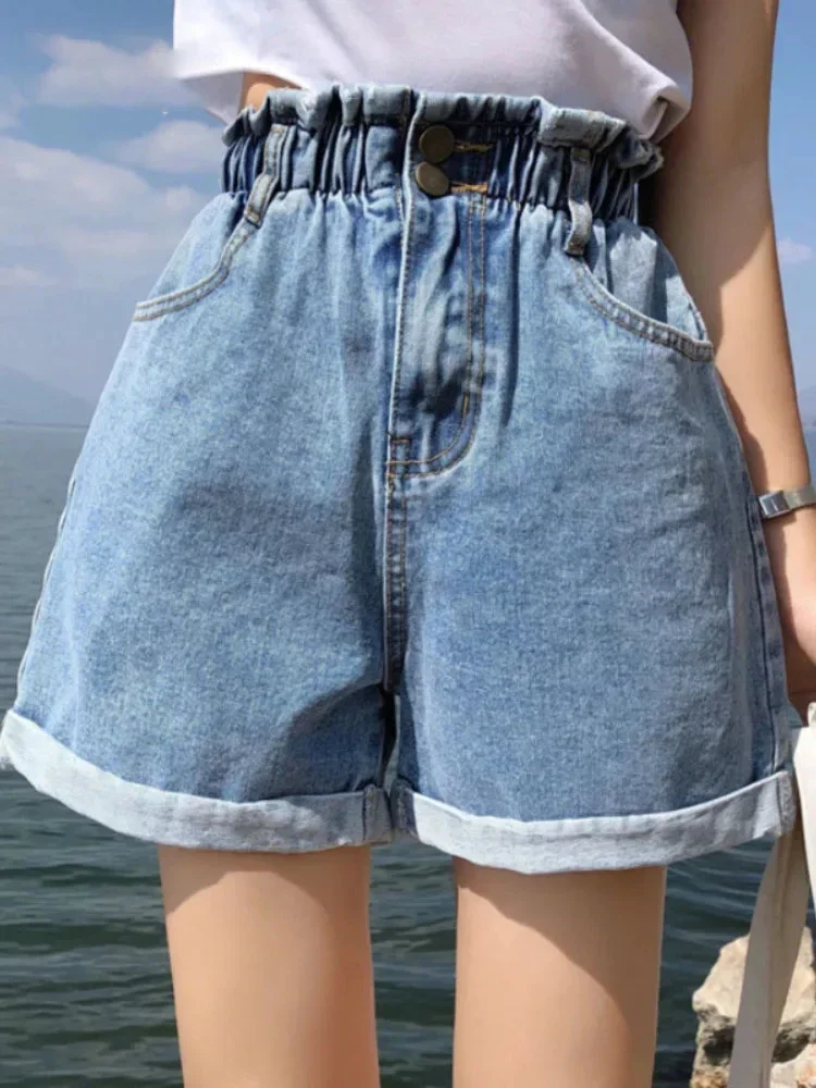 Fashion Elastic High Waisted Denim Shorts Black Women's S-5XL Classic Contrast Color Pleated Harlem Style Women's Short Jeans