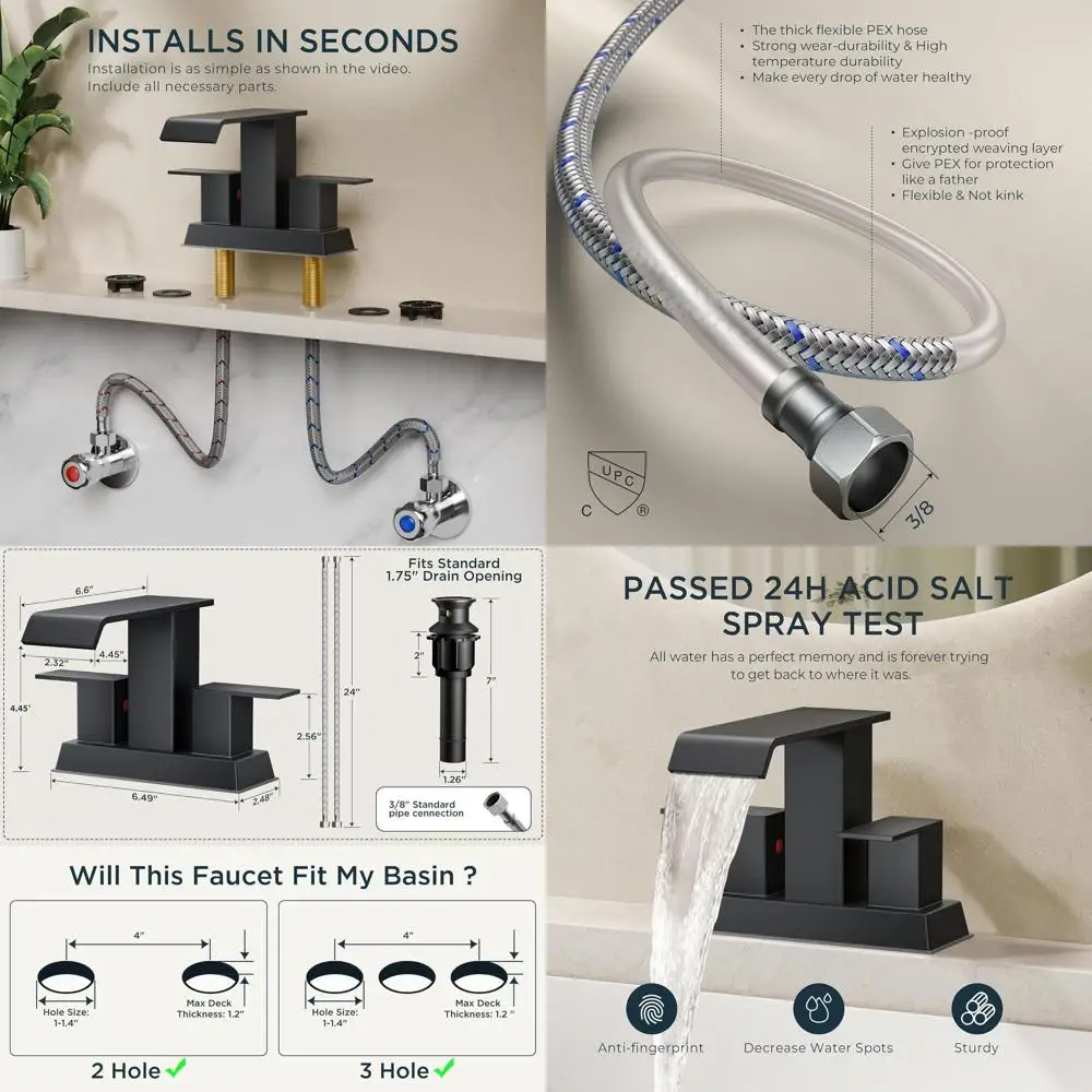 

Матовый черный смеситель для ванной комнаты с двойной ручкой для 4-х центральной раковины, 2 или 3 отверстия, с металлическим выдвижным сливом, идеально подходит для туалетного столика и автофургона.