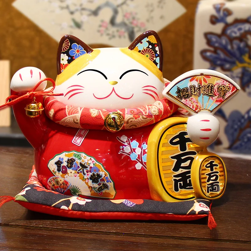 8 Inch Ceramic Maneki Neko Coin Bank Red Lucky Fortune Cat Daruma Money Box Home Decorative Ornament