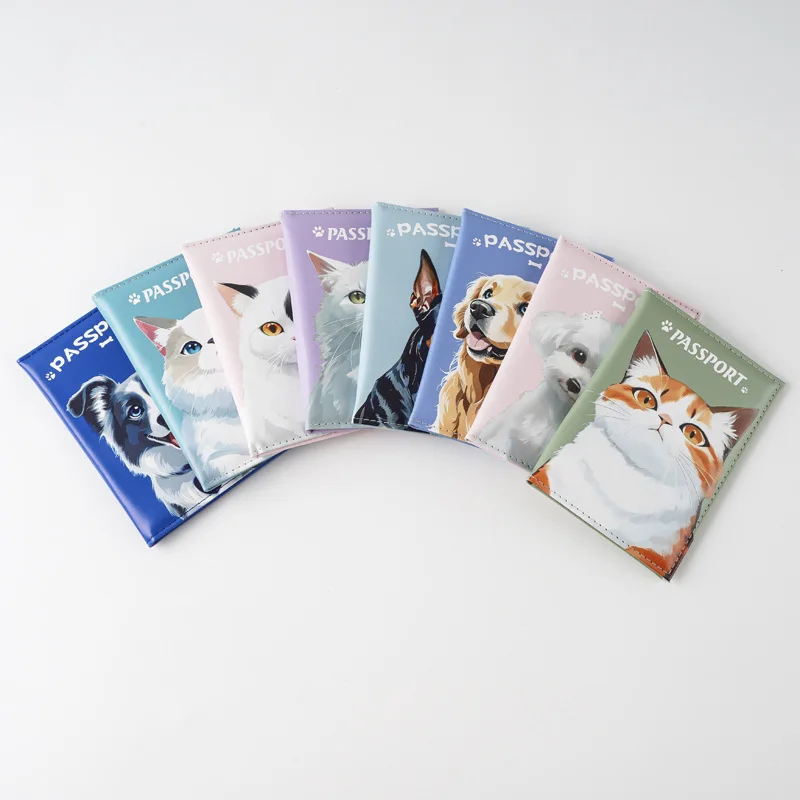 

Cute Cat Dog Printed Passport Holder Leather Passport Cover Multifunctional Air Tickets Cash Bank Card Holder Travel Accessories