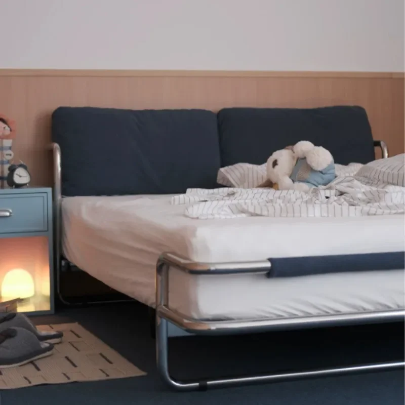 Home master bedroom small apartment denim blue stainless steel wrought iron double bed