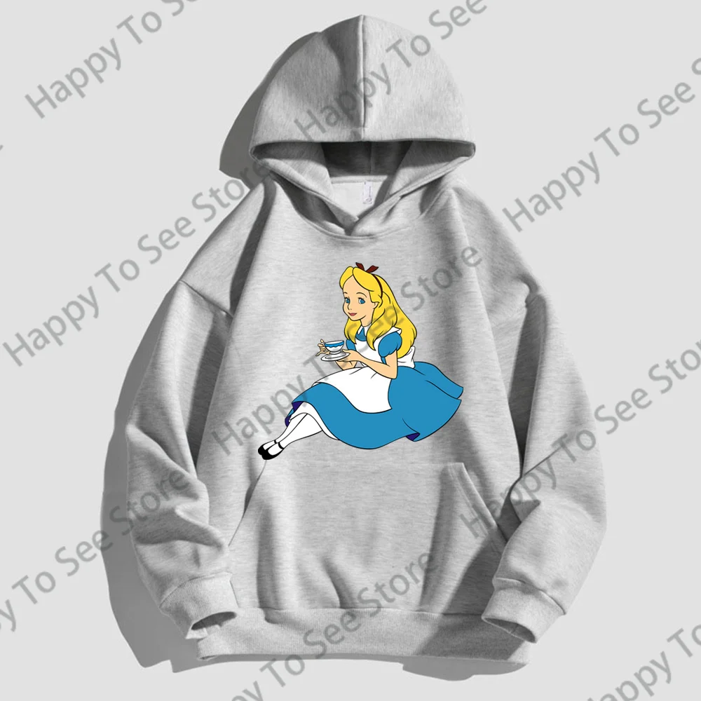 Alice In Wonderland Pattern Pure Cotton Hoodies Women\'s 2024 New Spring And Autumn Cute Tops Loose Cartoon Fun Style Pullover