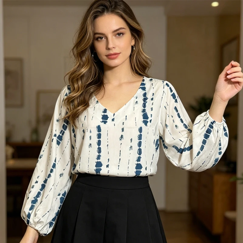 

Элегантная женская блузка с длинным рукавом и V-образным вырезом, свободного кроя, в стиле ретро, с эффектом тай-дай (белый и синий), с рукавами-фонариками