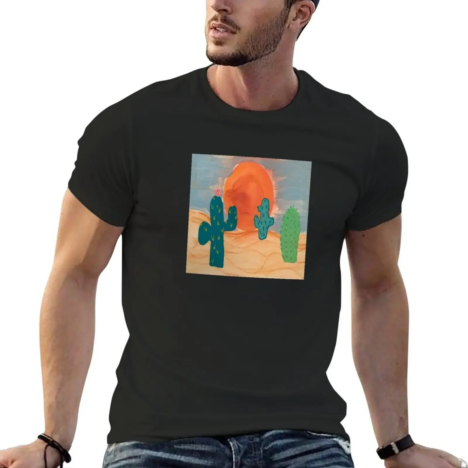 Sunset Cactus painting T-Shirt quick-drying korean fashion oversized t shirt Short sleeve tee shirts men graphic