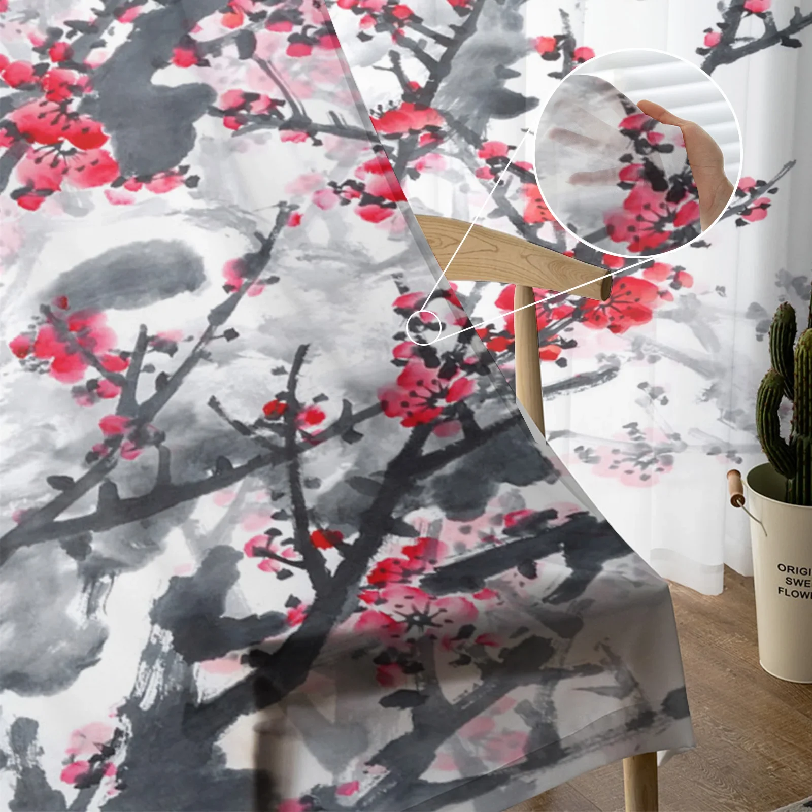 Ink Plum Blossom Flower Plant Tulle Sheer Curtains for Living Room Decoration Window Curtain for Bedroom Voile Organza Drapes